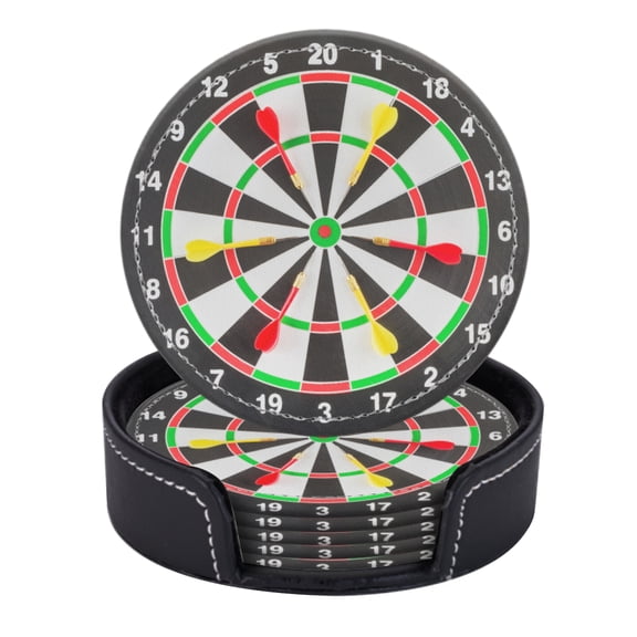 PU Leather Coasters for Drinks Bar Beer,Set of 6 with Holder,Round Housewarming Gift,Dartboard With Six Darts