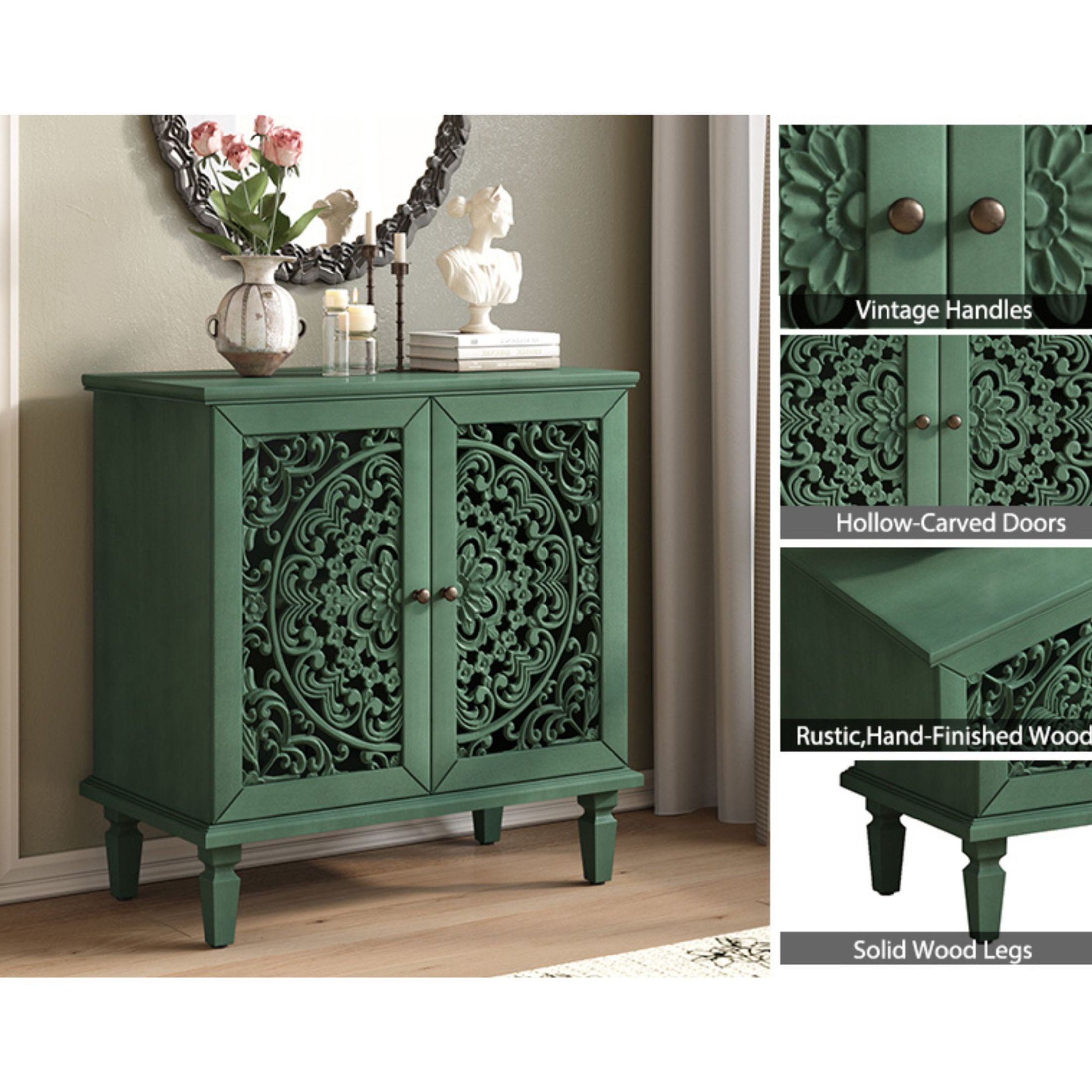 Noble house Vintage Hollow-Carved Accent Cabinet, 2-Door Sideboard, Adjustable Shelf & Solid Wood Legs,Antique Green