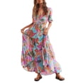 thumbnail image 1 of SUNSIOM Femmes Imprimé Floral Robe Longue Demi-Manches V-Cou Fente Ourlet Fluide une Ligne Robe pour l'Été, 1 of 6