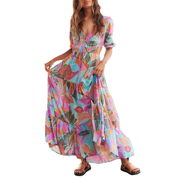 Nituyy Robe Longue à Imprimé Floral pour Femme, Manches Mi-Longues, Col en V, Ourlet Fendu, Coupe Fluide Évasée pour l'Été