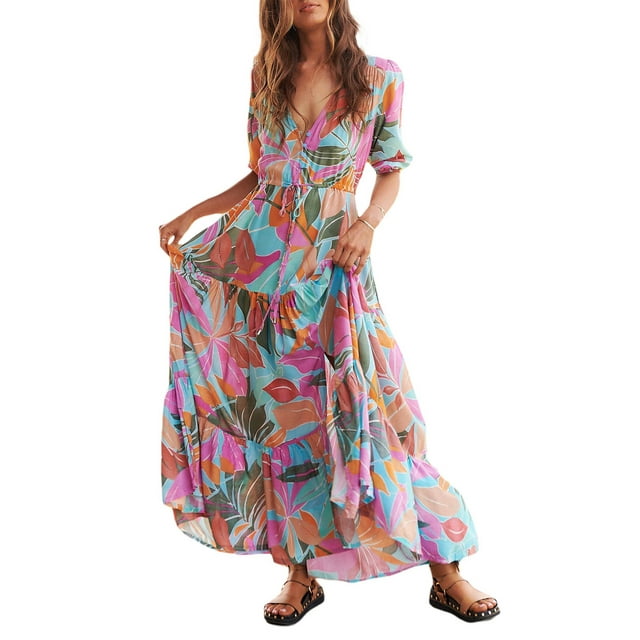 SUNSIOM Femmes Imprimé Floral Robe Longue Demi-Manches V-Cou Fente Ourlet Fluide une Ligne Robe pour l'Été