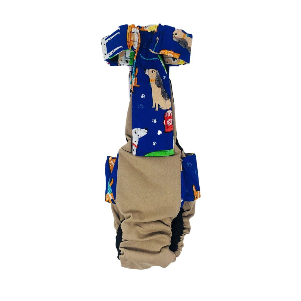 Barkertime Happy Doggie Blue on Brown Dog Diaper Overall