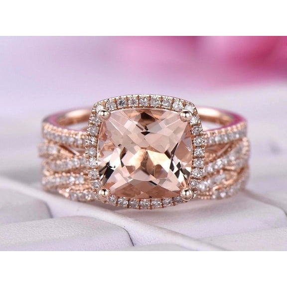 Hitanshu Jewels 3Ct Cushion Lab-Created Morganite Trio Set Engagement Ring 14K Rose Gold Plated