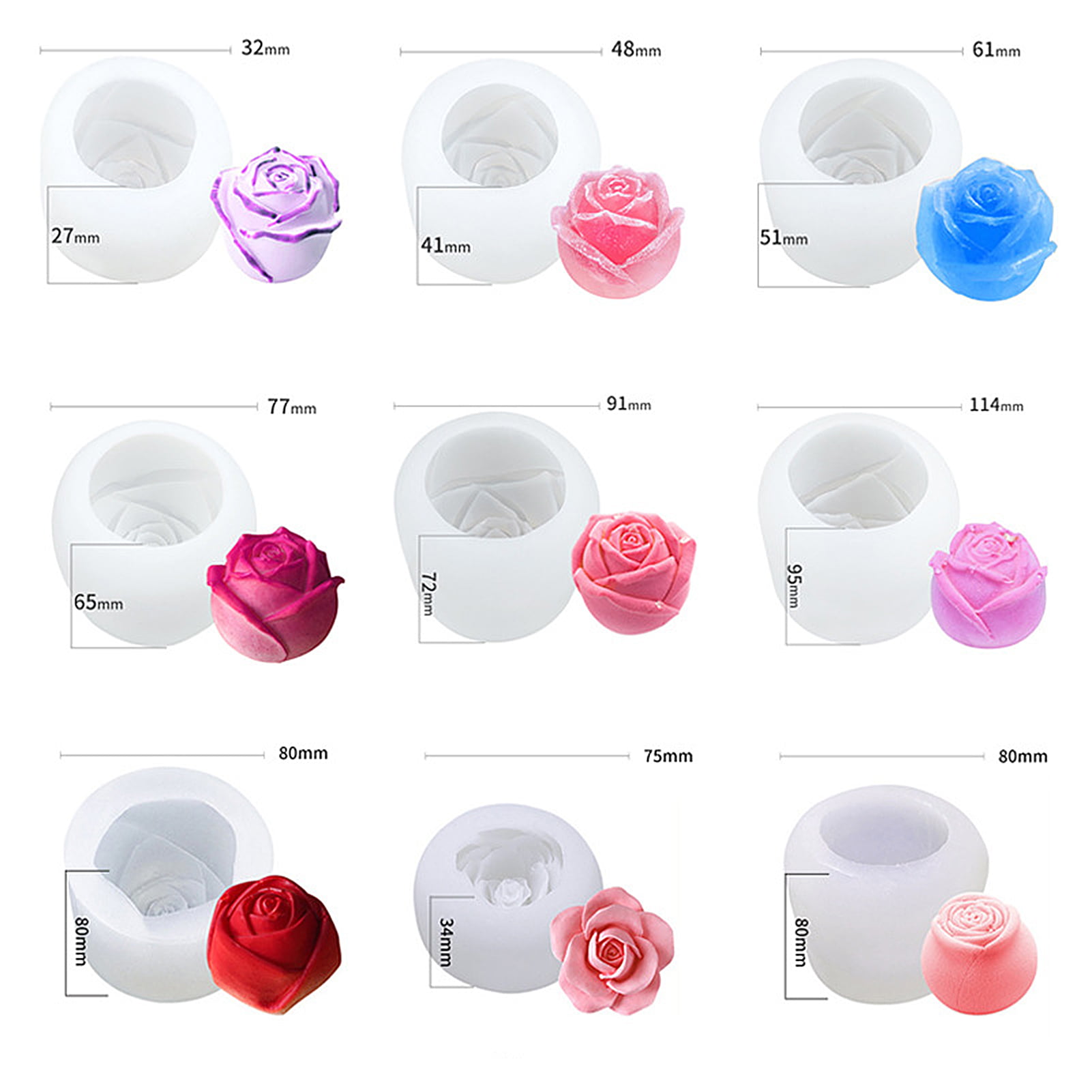 Wehous 6pcs 3D Flower Fondant Molds Set, Rose Silicone Molds for Candle Soap Making, Handmade Cake Dessert Decoration Chocolate Cupcake Candy Ice Mold, Resi