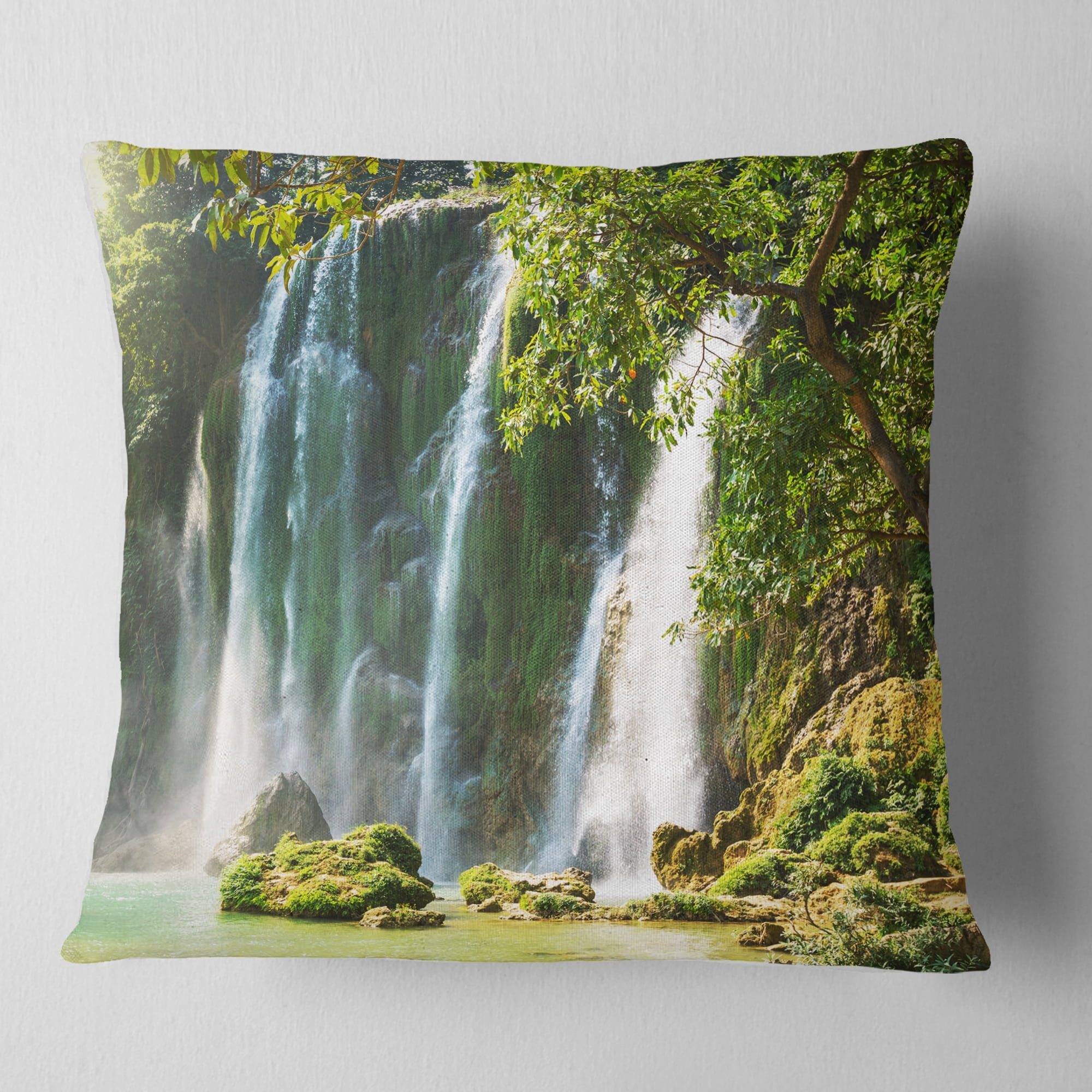 Designart Detian Waterfall in Vietnam - Landscape Printed Throw Pillow - 18x18