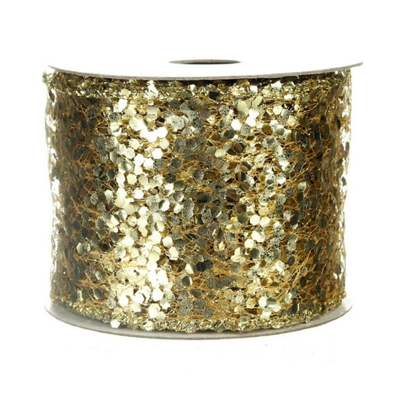10 Yards Ribbon Wired Glitter Metallic Mesh Ribbon Stretchable Web Diamond Wire Edge Ribbon Wide 2.5" for Wreaths, Gift Wrapping, DIY Craft gold