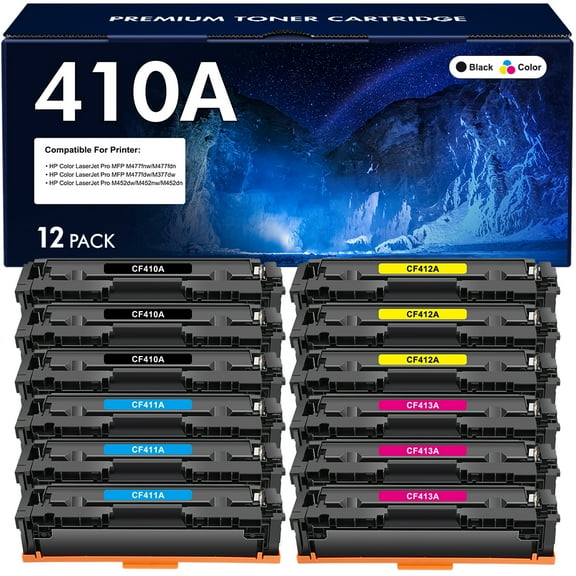 410A Toner Cartridges Compatible for HP 410A 410X CF410A CF410X M477fnw Color Laserjet Pro MFP M477fdn M452dn M477fdw M452nw M452dw M377dw M477 M452 Printer Ink (12 Pack)