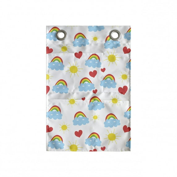 Cartoon Hanging Pocket Organizer, Smiling Clouds Rainbows Sun Pattern, Printed Polyester Storage Bag with Pockets, 14" x 20", White Multicolor