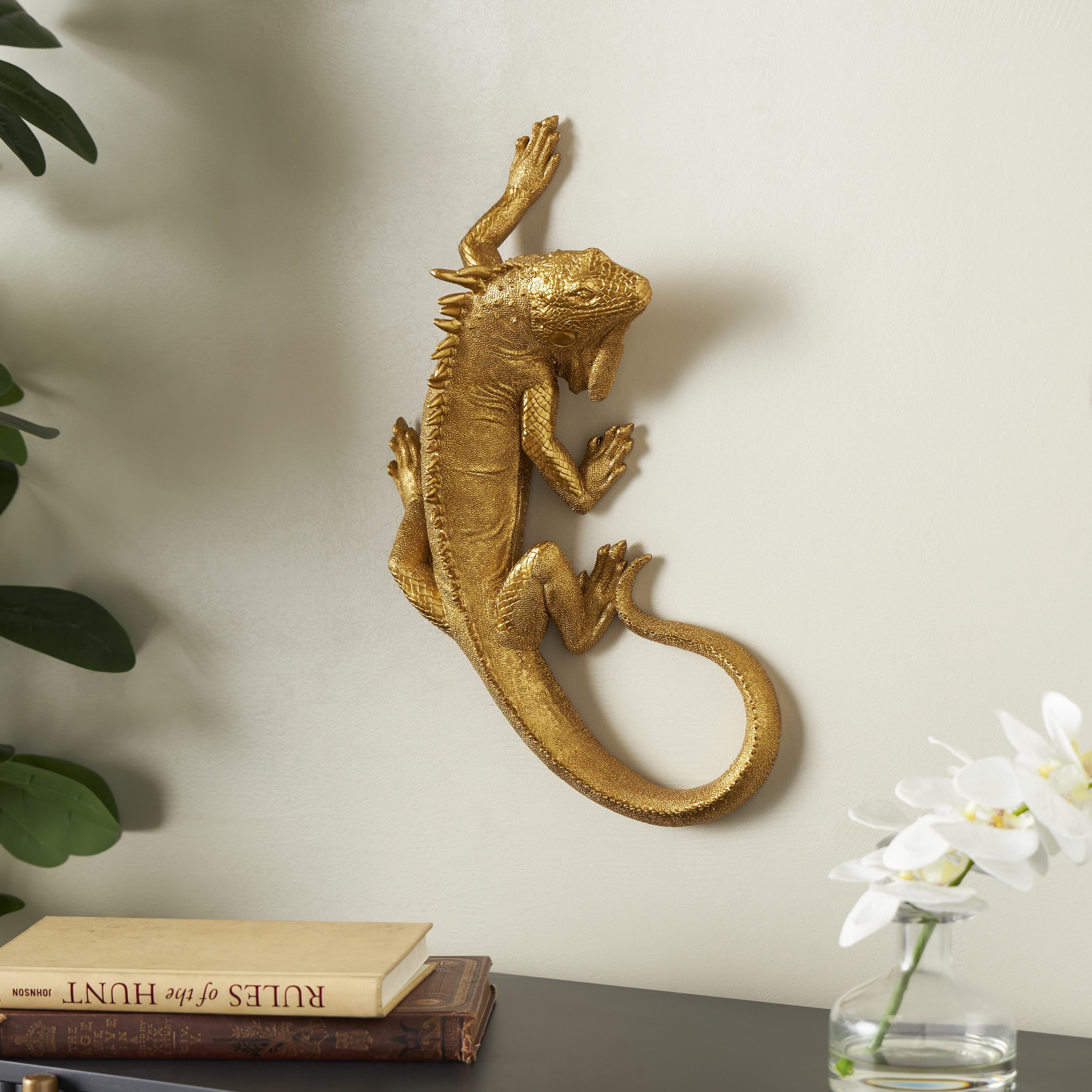 Gold Polystone Lizard Textured Climbing Home Wall Decor, 17" x 10" x 5", by DecMode