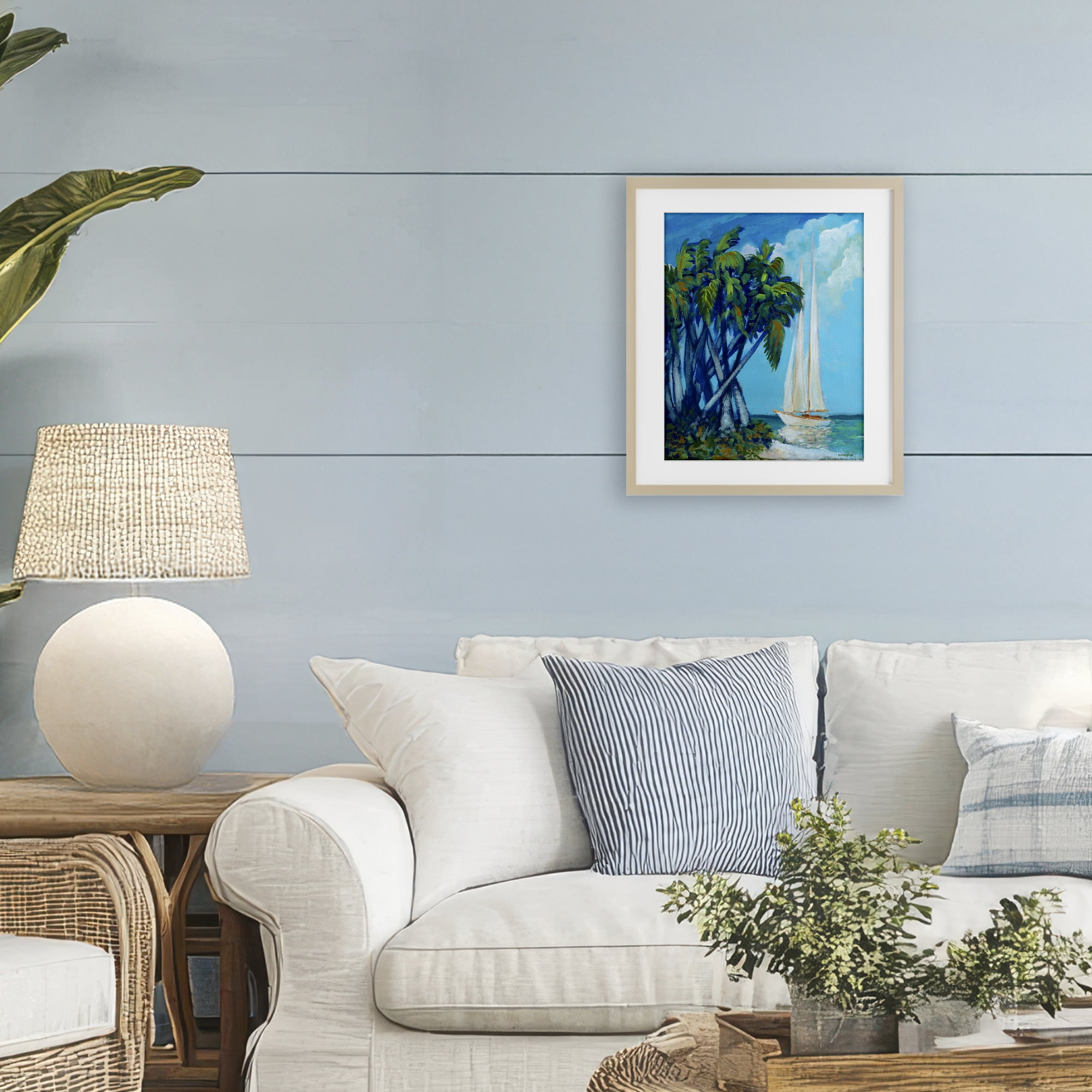 Stupell Industries Sailboat & Twisted Palms Birch Framed Print Under Glass, design by Dan Meneely