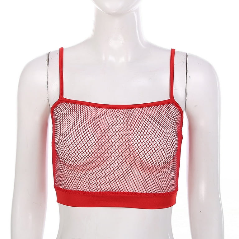 Miaeowve Women s Fishnet Bra See Through Sleeveless Camisole Crop Top Strappy Cami T Shirt Blouse Red S Walmart
