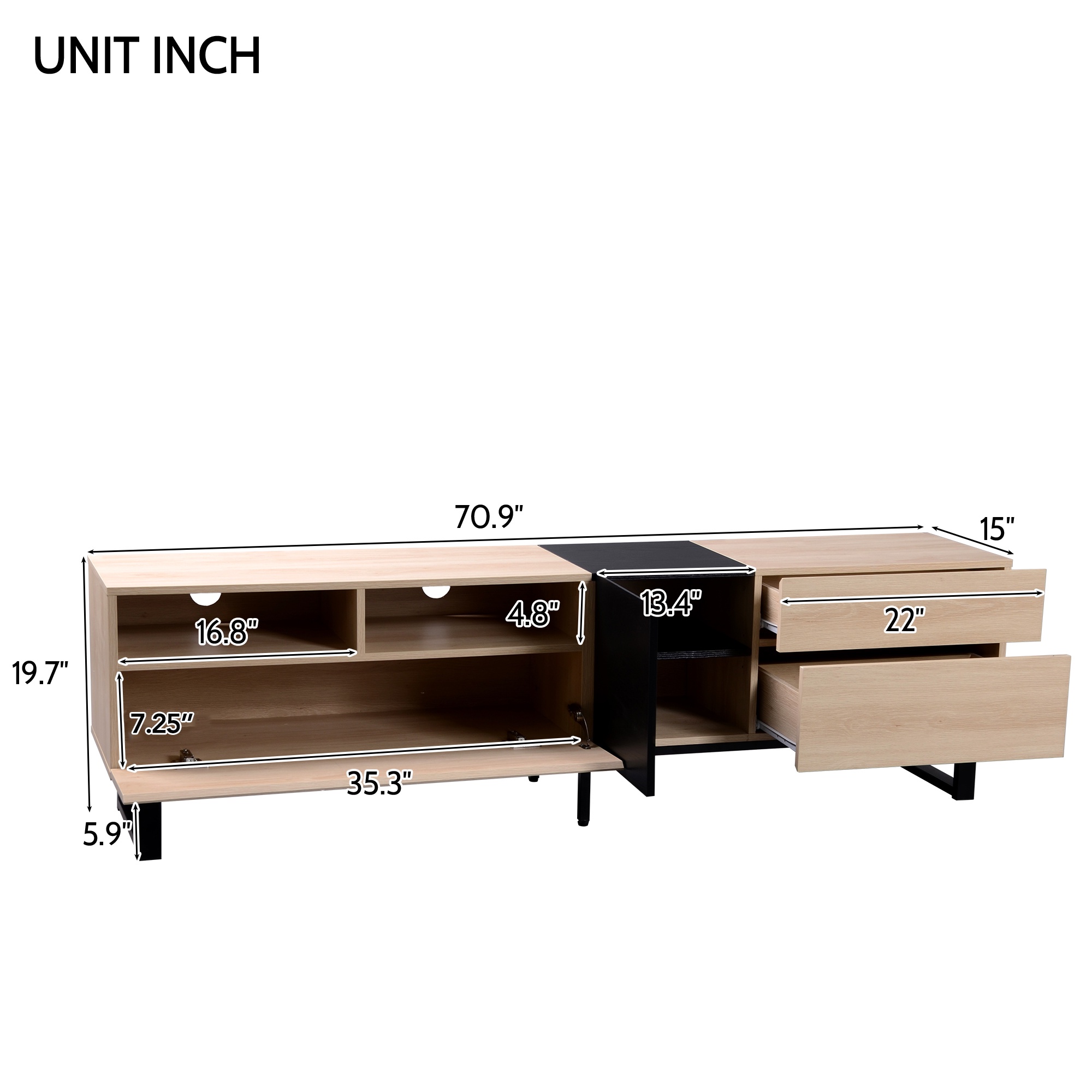 PORKISS TV Stand for 80 Inch TV, Entertainment Center with Storage Shelves, Media Console with Metal Legs for Living Room, Natural Wood + Black
