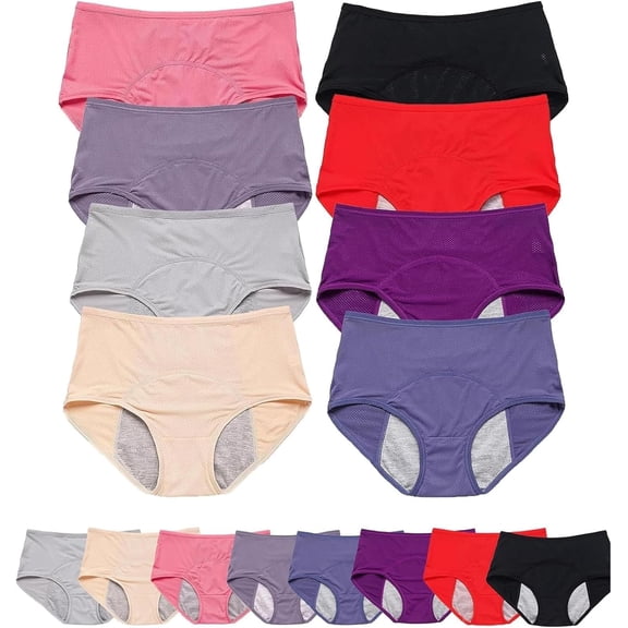 8-Pack Leakproof Incontinence Underwear for Women, Washable Absorbent Panties, Soft Stretch Briefs for Daily & Overnight Use (M)