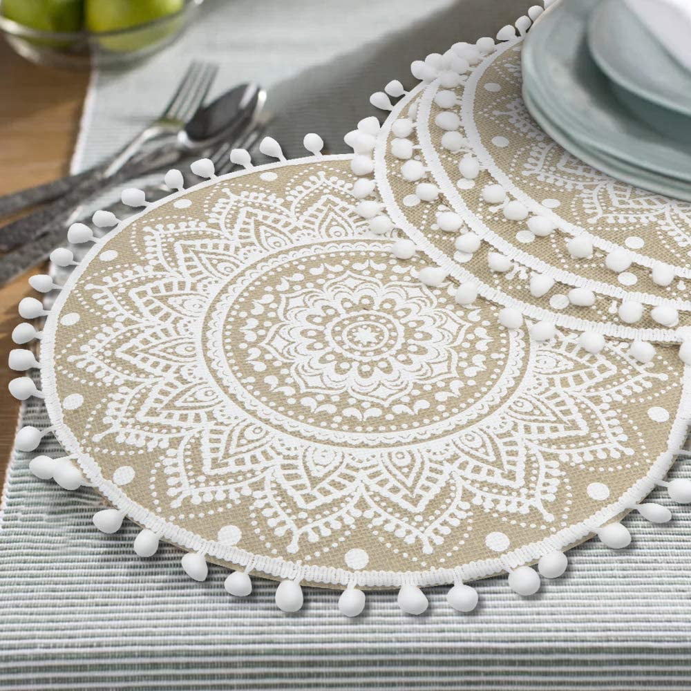 Mandala Flower Round Placemat Farmhouse Jute Table Mats with Pompom