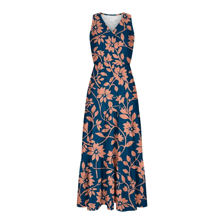 Wizutiz Maxi Dress for Women Trendy Loose Fit High Rise Smocked Floral Print Vacation Dress Sleeveless V-Neck Sun Dresses for Lady Ankle-Length Super