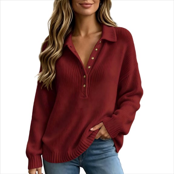 yillto Womens V Neck Sweater Long Sleeve Fall Outftis Button Collared Baggy Oversized Sweaters