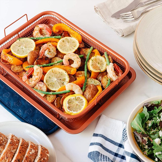 Muyoka Cesta para freidora de aire de 2 uds, juego de cesta y bandeja para verduras, cesta para verduras de acero inoxidable, bandeja antiadherente para hornear, bandeja para hornear para horno y ali