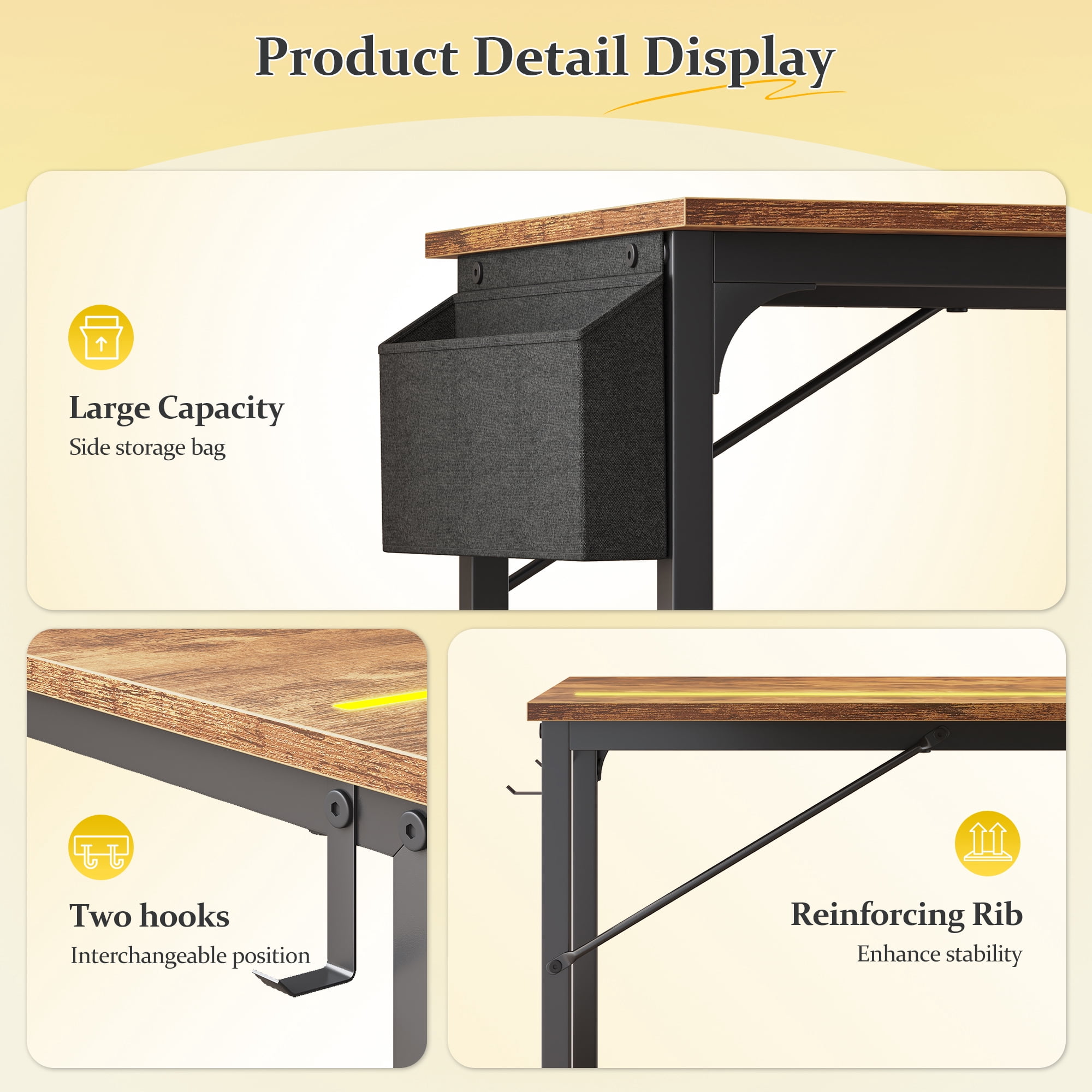 Romorgniz 63 Inch Computer Desk with LED Lights for Small Spaces, Home Office Desk with Storage Bag, Headphone Hook, Rustic Brown