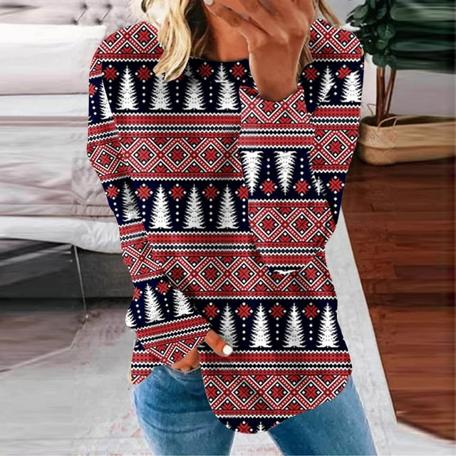 2023 Chandails de Noël pour Femmes en Liquidation Col Rond Mode Décontractée Manches Longues Imprimé de Noël Chandails Blouse