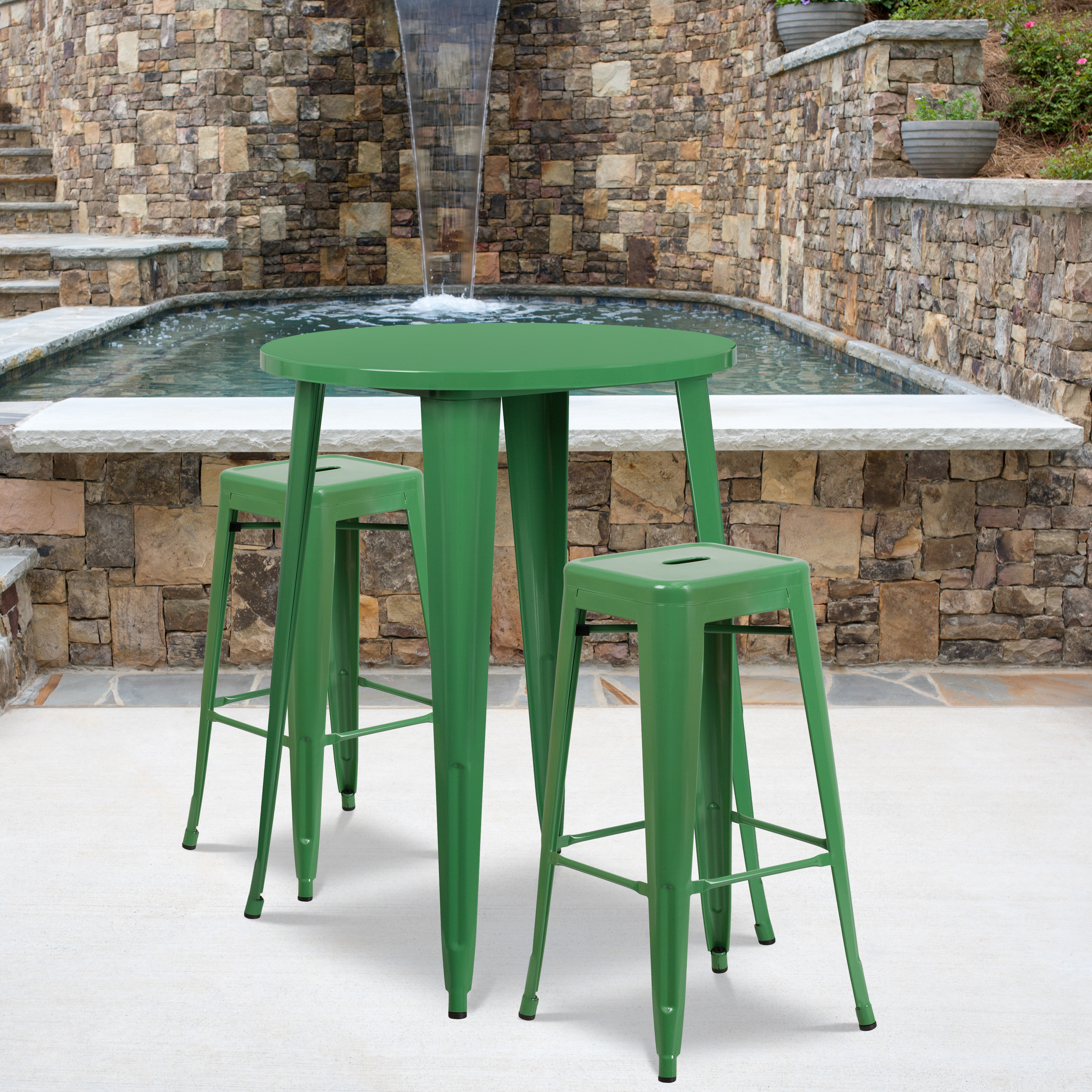 Flash Furniture Commercial Grade 30" Round Green Metal Indoor-Outdoor Bar Table Set with 2 Square Seat Backless Stools - image 2 of 5