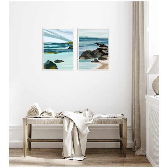 Kate and Laurel Ocean Breeze Landscape - 2 Piece Framed Canvas Wall Art Set  by Nikita Jariwala, Sylvie White Coastal, Abstract Art for Wall Decor