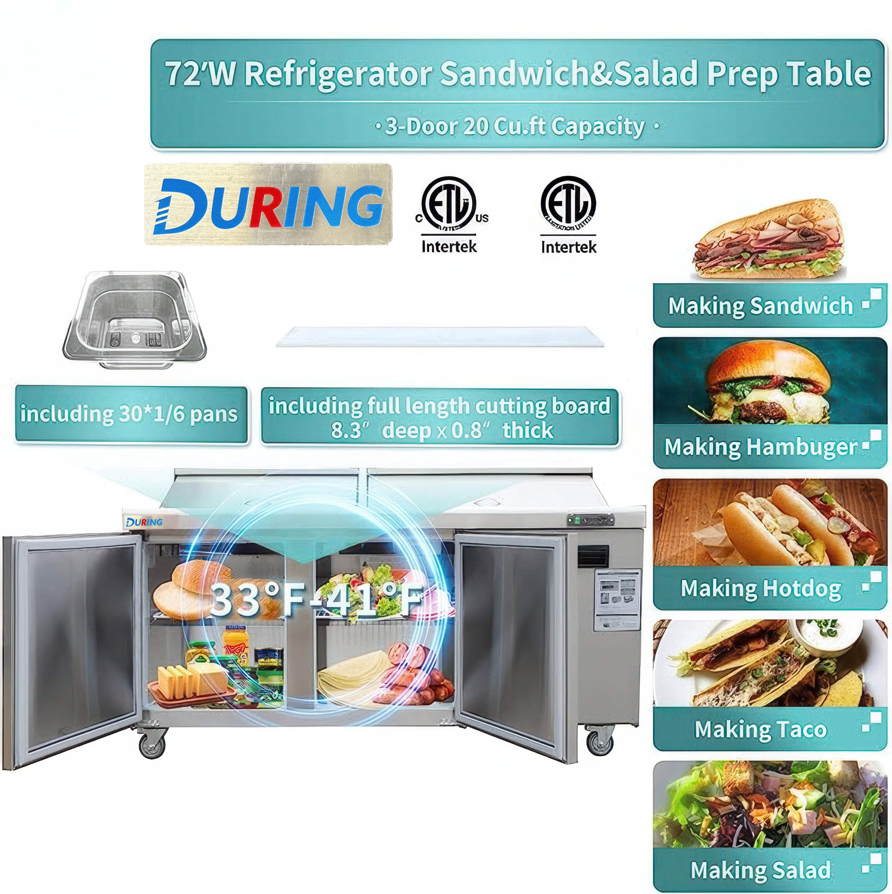DURING D-KSR-72BM 72" W 3 Door Mega Top Refrigerator Sandwich  Salad Prep Table Commercial Refrigerator in Stainless Steel