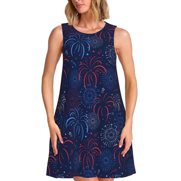Fotbe Firework Vestido de Verano sin Mangas para Mujer – Vestido Midi Línea A, Estilo Camiseta Floral, Vestido Playero Casual y Fluido