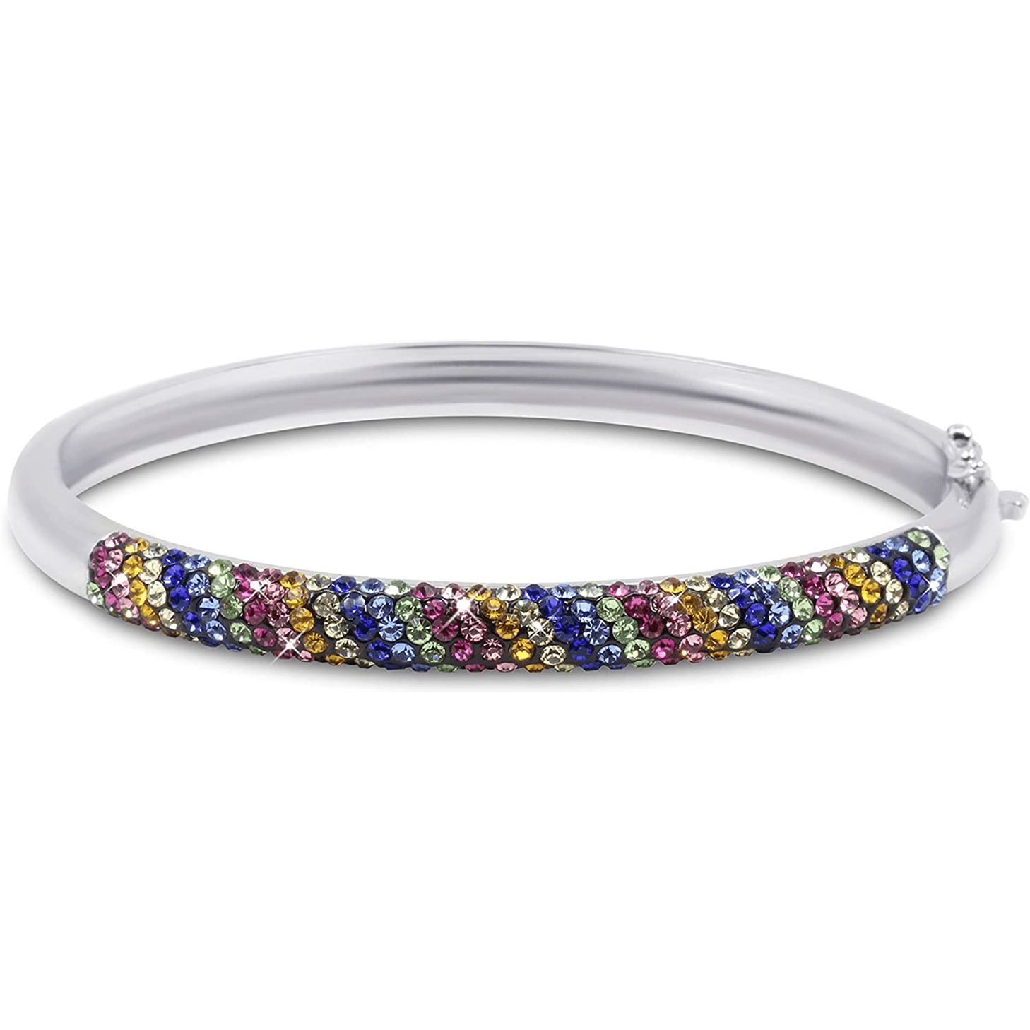 Savlano 18K White Gold Plated Round Cut Rainbow Cubic Zirconia Bangle