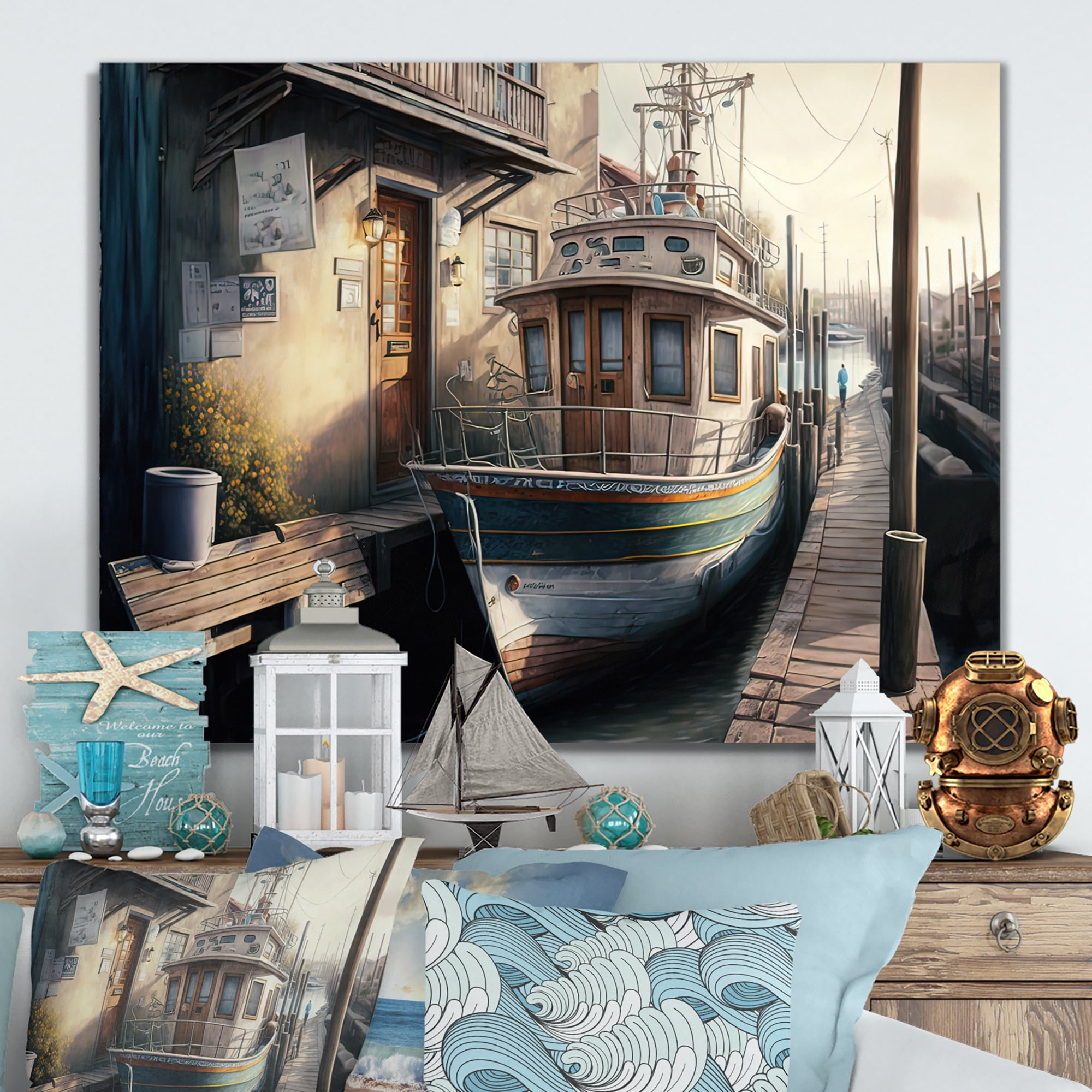 Designart Rustic Port With A Fishing Boat IV Canvas Wall Art