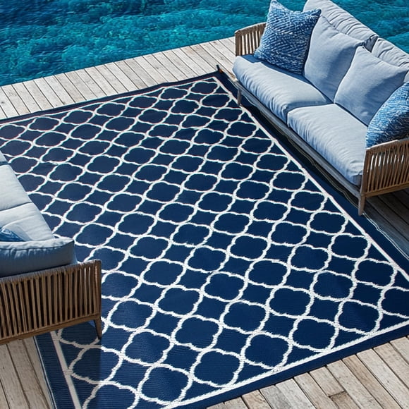 Alfombra de exterior PASAMIC, 183 x 274 cm, impermeable, reversible, azul marino