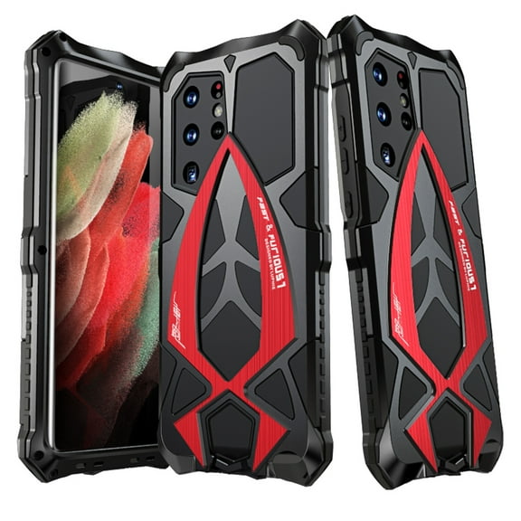 ELEHOLD for Samsung Galaxy S22 Ultra Rugged Metal Case,MIlitary Grade Drop Protection,Aluminium Alloy Back Cover Shockproof Case with 4-Corner Protection Screw Fixation for Samsung S22 Ultra,Black Red