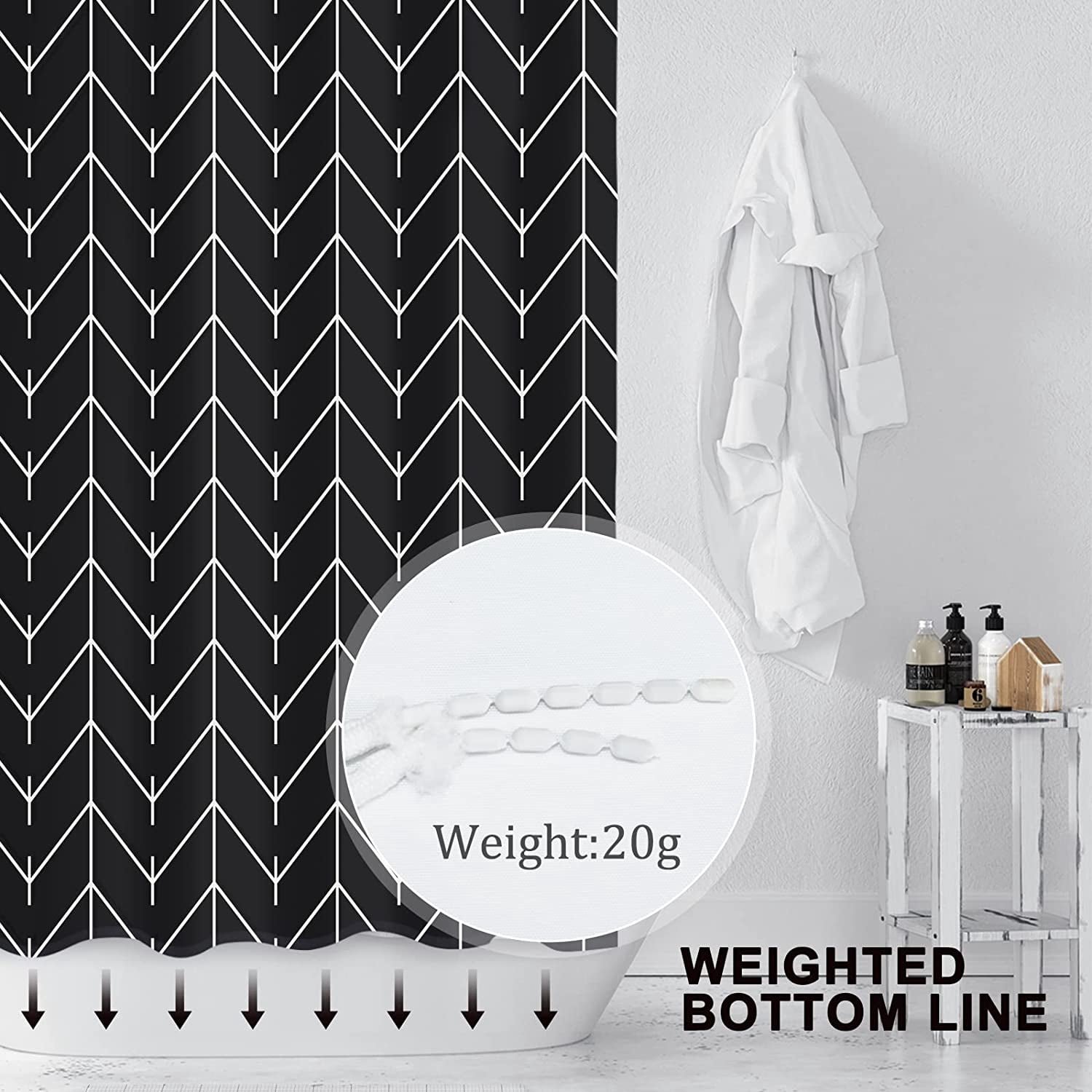 Extra Long Shower Curtain for Bathroom, Modern Black White Herringbone Geometric Striped Decor 84 Inches Long, Waterproof Fabric, Weighted Hem, with 12 Hooks 72 x 84