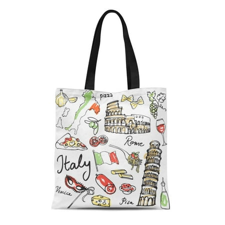 SIDONKU Canvas Tote Bag Italian of Italy Food Doodle Sketch Flag Rome Spaghetti Reusable Shoulder Grocery Shopping Bags