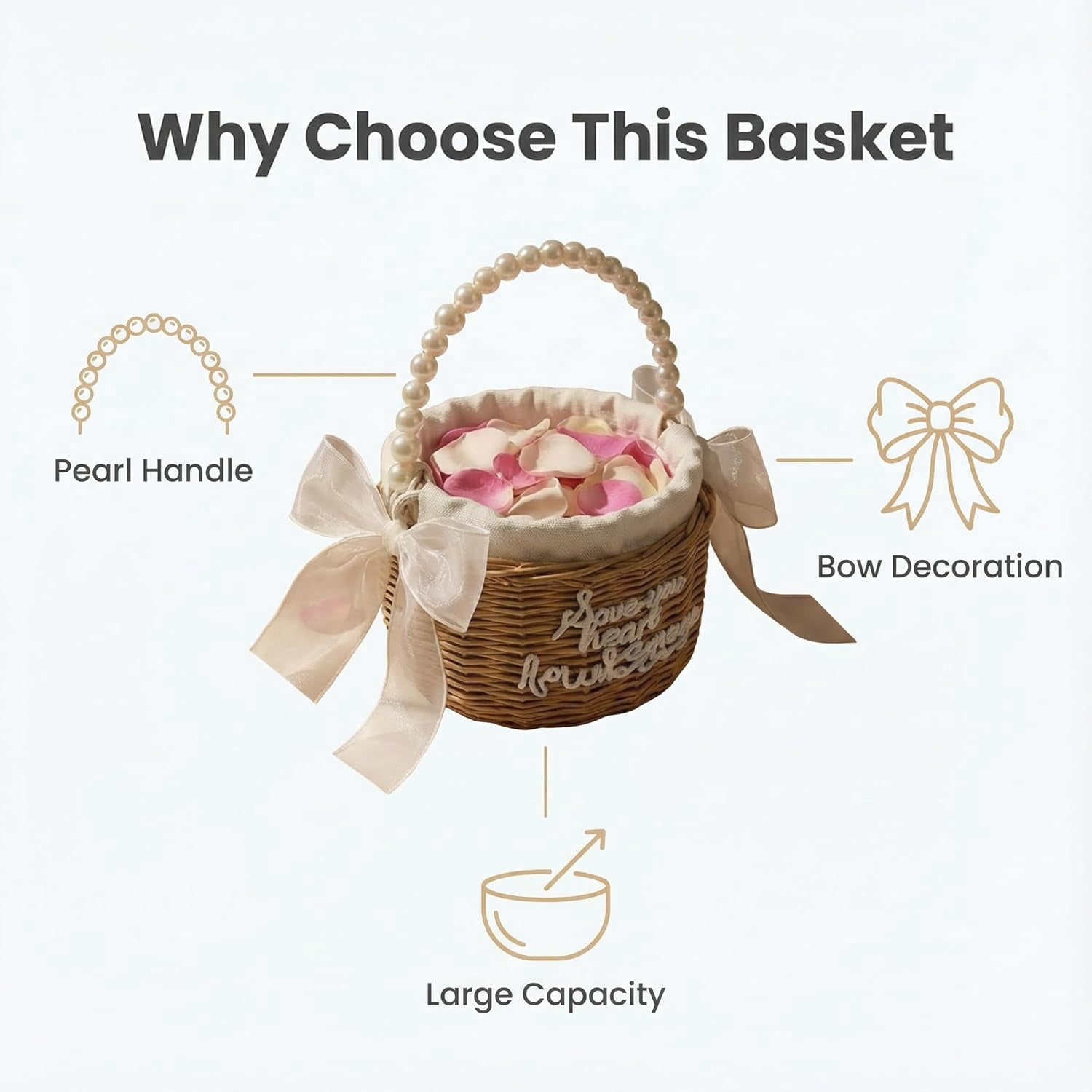 Handwoven Rattan Flower Basket with Pearl Handle – Ideal for Wedding Petal Toss, Outdoor Ceremonies, Bridal Photos, Aisle Walks, Easter Basket, Camping Basket, Gift Basket, or Home Storage