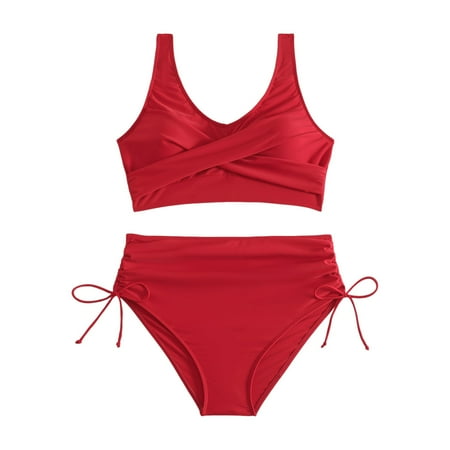 RUTAYY Women Bikini Swimsuit High Waist Front Gather Together Sexy 2PCS Swimwear Boho Swim Wear