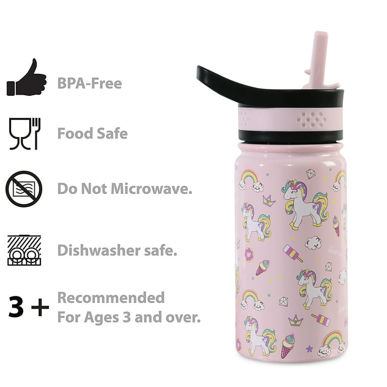 DweIke Kids Water Bottle with Straw Lid ,Bottle Holder and Adjustable  Strap, Reusable Tumbler for Toddlers, Girls, Boys, 14oz, Rainbow