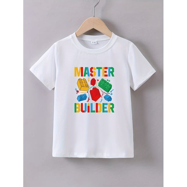 Boys Casual T-shirt, Master Builder Print Breathable Comfortable Crew Neck Top, Boys Summer Clothing