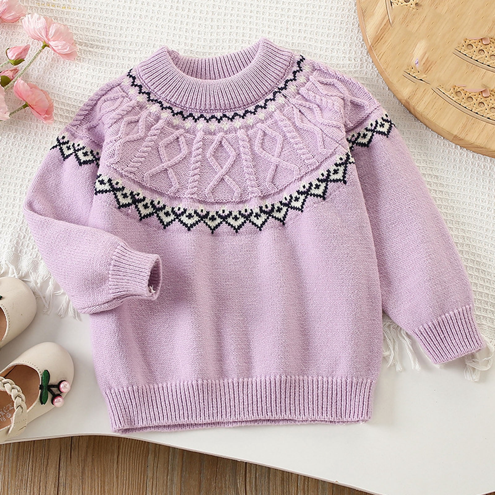 SERTGUTR Girls Fair Isle Sweater Crew Neck Long Sleeve Cable Knit Pullover Ribbed Trim Cozy Vintage Patterned Everyday School Winter Pullover