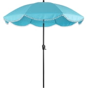 Sun-Ray 9' Patio Umbrella with Aqua Copy and White Fringe Accents, Black Frame Market Umbrella for Patio, Deck, and Backyard
