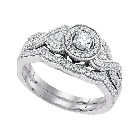 10k White Gold Womens Round Diamond Halo Woven Twist Bridal Wedding Engagement Ring Band Set 3/8 Cttw