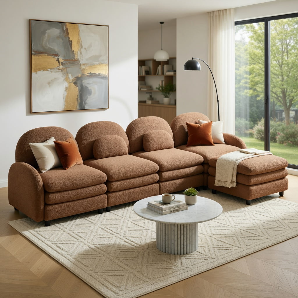 Hommoo Teddy Fleece 4-Seat Modular Sectional Sofa, Cloud-Like Double-Layer Cushion, Curved Backrest & Armrest, Movable Ottoman, Lumbar Support Pillows, Camel