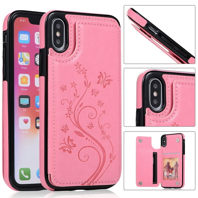 Compatible pour iPhone 6 Plus, Étui Portefeuille avec Porte-Cartes, Cuir PU Gaufré Papillon de Qualité Supérieure, Boutons Magnétiques Doubles, à Rabat, Antichoc, Étui de Protection pour iPhone