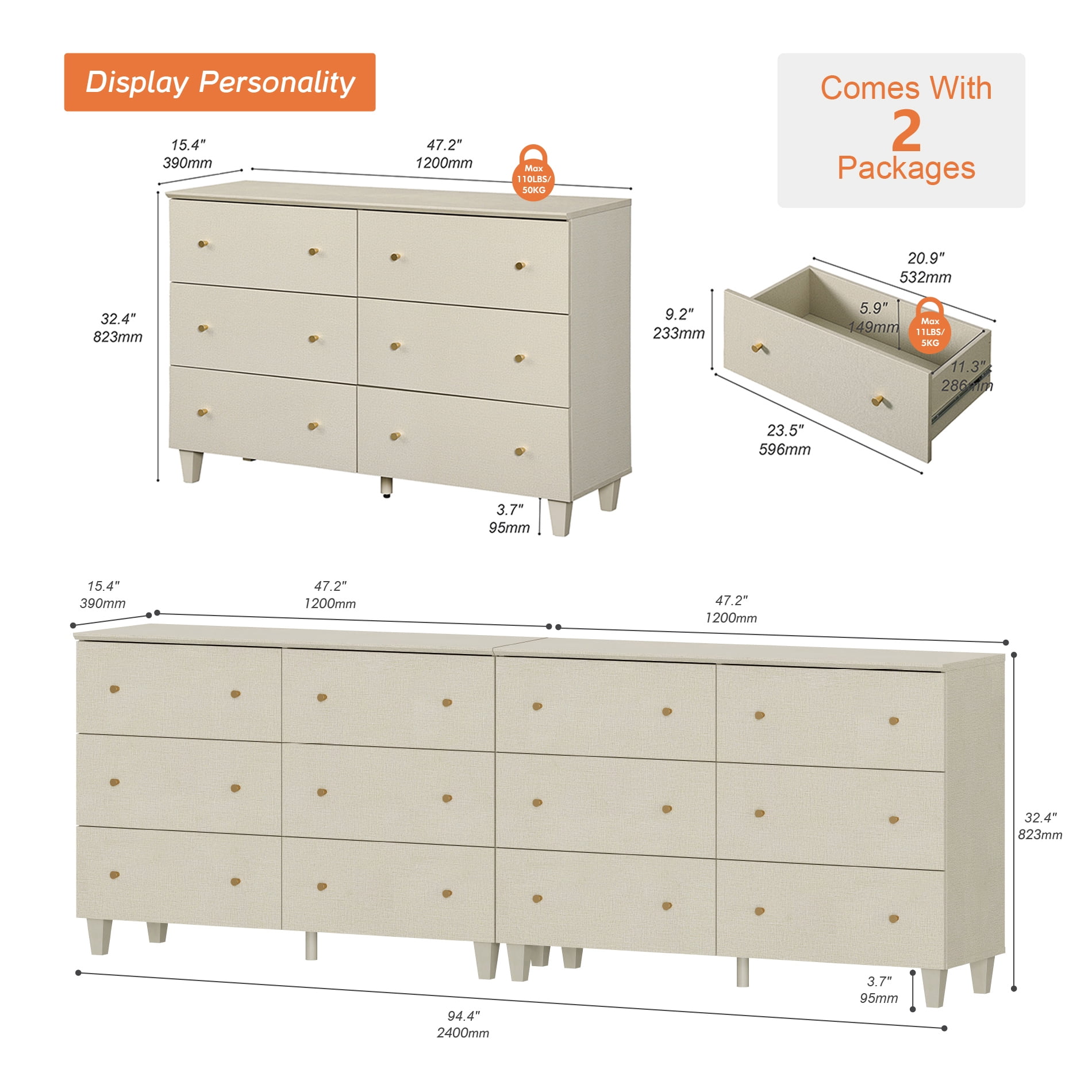 WAMPAT Dresser and Nightstand Set of 3, Wood Dressers with 12 Drawers, Nightstand with Charging Stations for Living Room, Beige Linen Printed