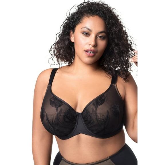 Women's Elila 2801 Tulip Embroidered Underwire Bra (Black Lace Nude 42E)