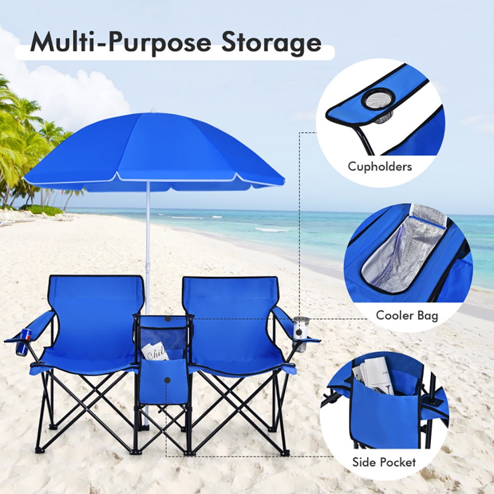 Aimee Lii Portable Folding Picnic Double Chair with Umbrella, Double Camping Chairs for Adults, Blue Aimee Lii Portable Folding Picnic Double Chair with Umbrella, Double Camping Chairs for Adults, Blue