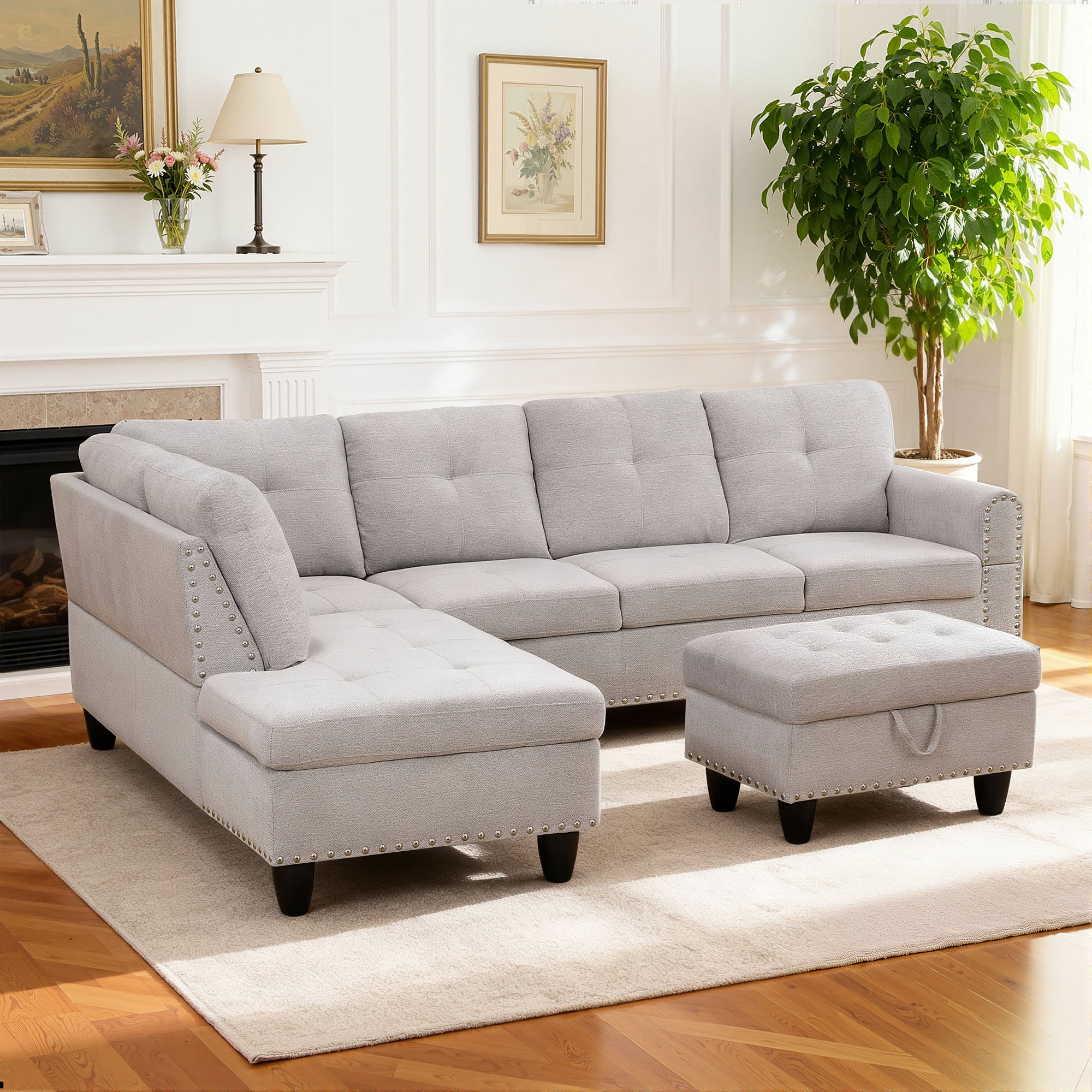 MAYEERTY 97" Modern Flannel 3-Piece Couch Living Room Sofa Set，Gray White