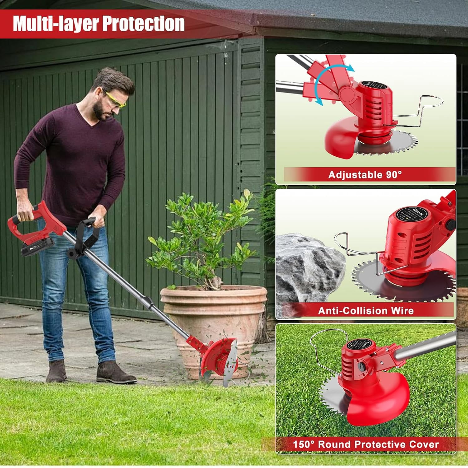 21V Cordless Weed Wacker with 2 Batteries & Metal Blades, Adjustable Pole String Trimmer for Garden Lawn