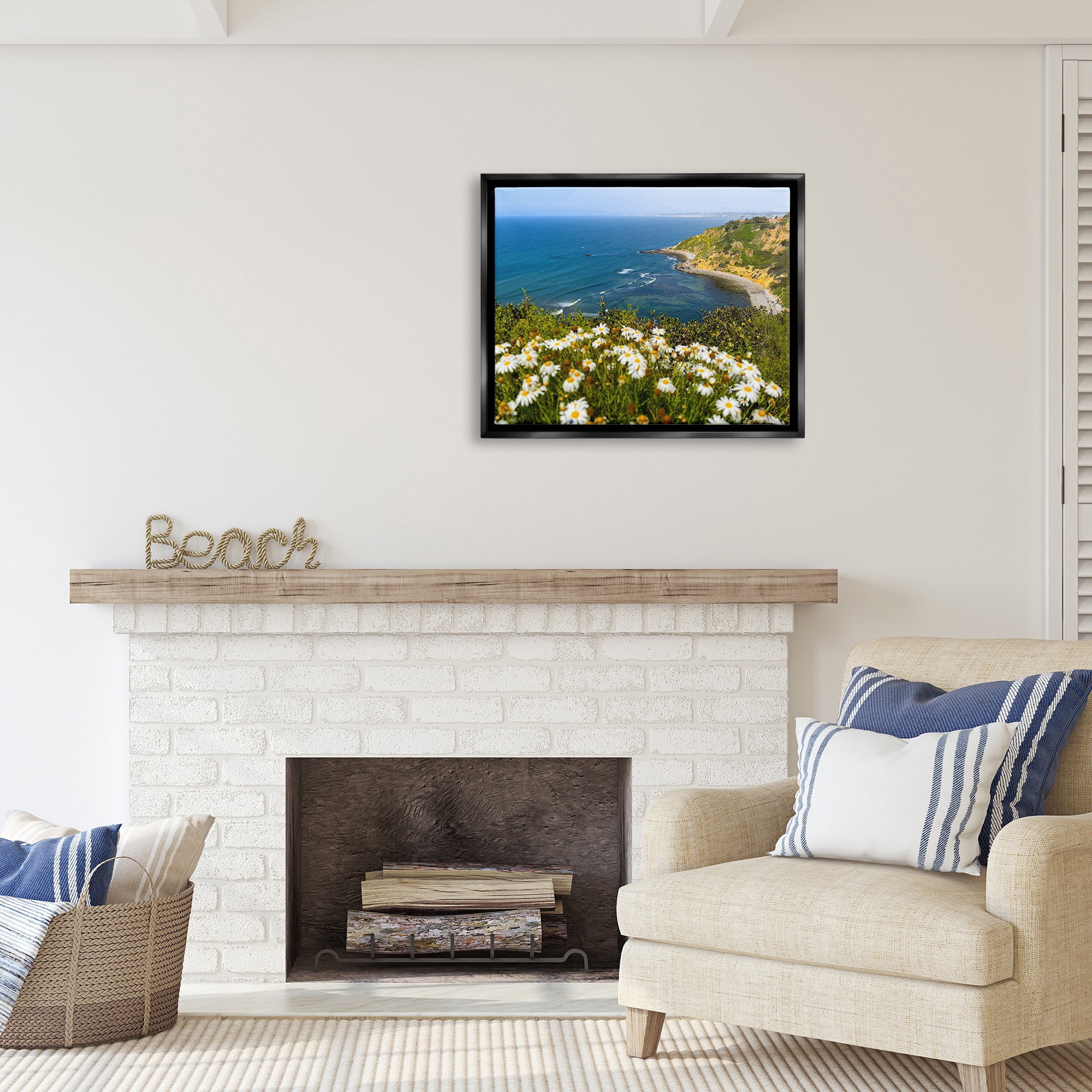 Stupell Industries Meadow over Ocean Tide Landscape Photography Black Floater Framed Canvas Art Print Wall Art, 31 x 25