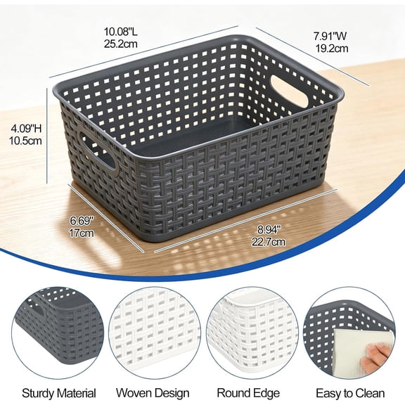 NDIUG-6-Pack Woven Plastic Storage Baskets, Weave Bins Organizer