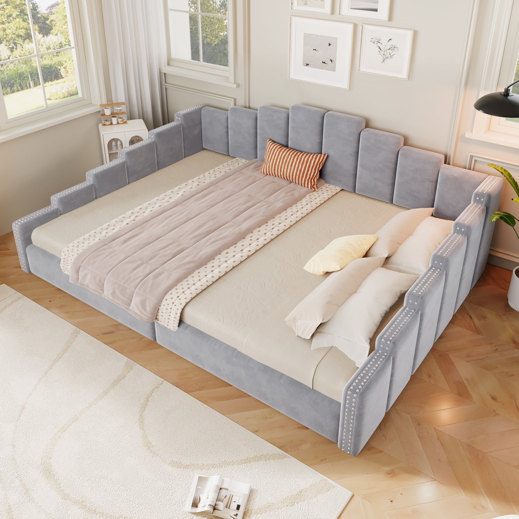Euroco Upholstery Queen Size Daybed, Velvet Sofa Platform Bed with Nailhead Trim, No Box Spring Needed, Gray